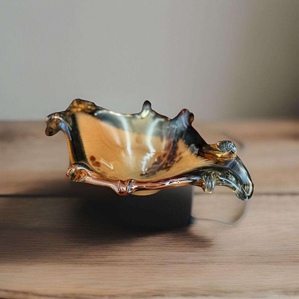 Vintage Murano Art Glass Hand Blown Peach Leaf Bowl | Candy Dish |